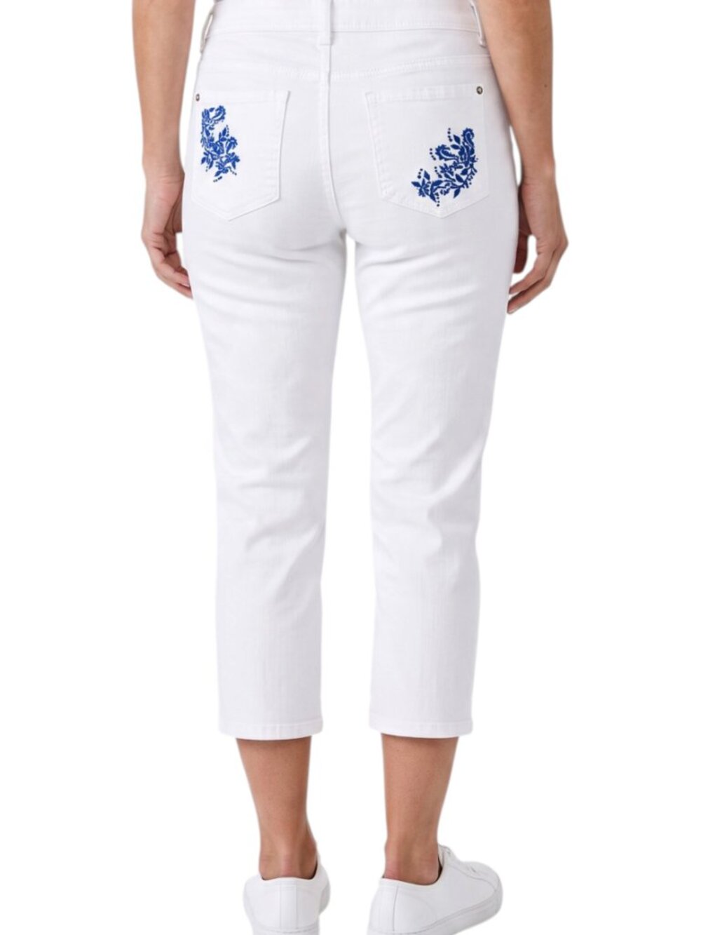CHICO'S White Straight Leg Cropped Jeans with Blue Embroidered Pockets - Size 12